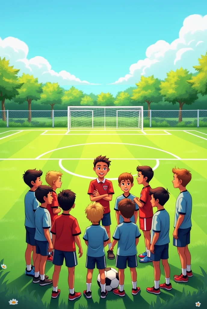 Illustration, 8 year old boys forming their soccer team, In a soccer field