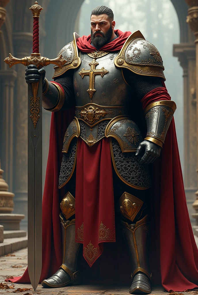 (photorealism:1.2), a paladin from fantasy world, massive stature, and a Greatsword sheathed behind his back with the cape and his armor adorned with a Christian Cross.