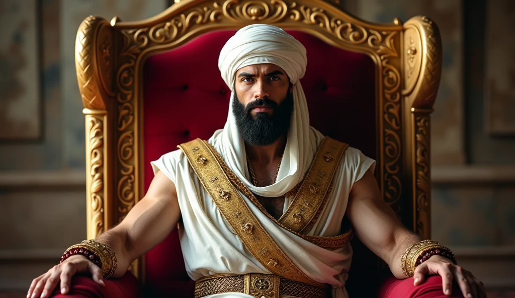 In ancient Islamic times, a man with a strong body. He has a turban. He sits with confidence, tall and majestic, intimidating the enemy. He places his hands on both feet. The clothes define the strength of his body. White. He is sitting on the throne of the Caliphate. A luxurious, luxurious throne. Behind the throne. High quality realistic facial features.