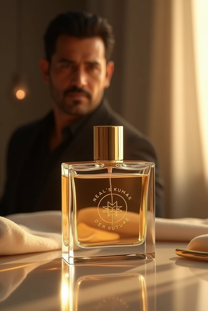 Square clear glass perfume bottle with logo Neal's Perfumes and cylindrical golden cap . Akshay Kumar in Background