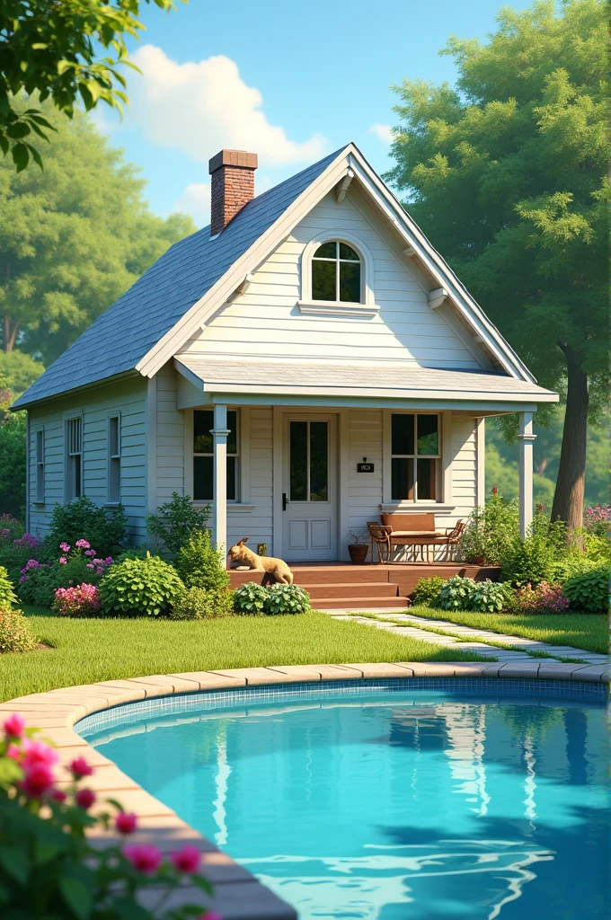 A one-story white wooden house in the garden with a dog, a swimming pool, and a vegetable and fruit garden.