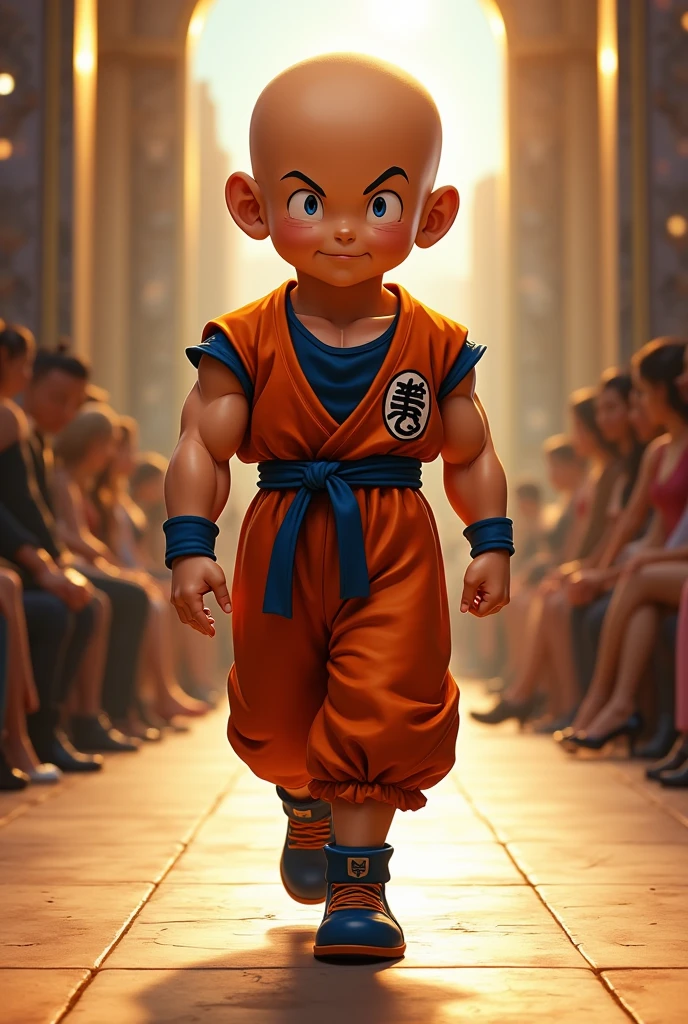 Realistic Krillin character of dragon ball z walking on fashion show