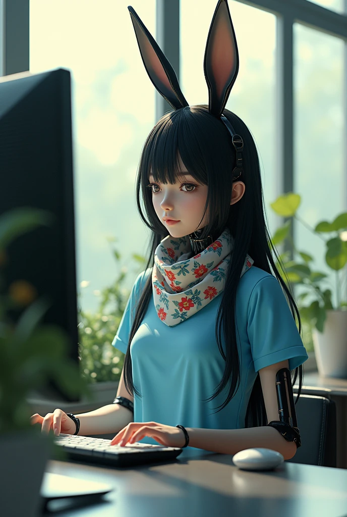 Black medium long hair with black rabbit ears and black eyes, A beautiful robot girl in a blue T-shirt with a floral scarf around her neck is looking at the computer near the big window