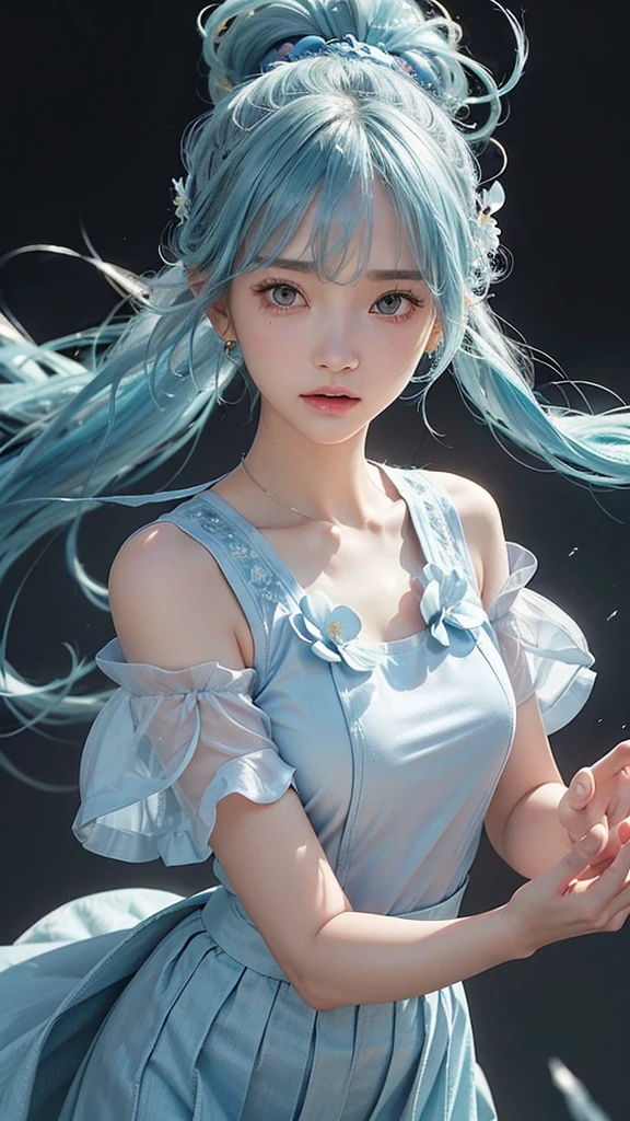 (masterpiece), (Highest quality), (Super detailed),(Disheveled Hair),(figure), (One person), (Fashionable clothes), Are standing, Fashion Model, View your viewers, (interview), (Simple Background),Beautiful attention to detail, Delicate and beautiful face, floating,(High saturation),(Colorful splashes),Colorful Bubbles,(The Shining), Focus on the face,  ponytail, kamisato ayaka, Light blue hair, bangs, Hair Ring, Floating Flowers, Floating hair, (The Shining), Best lighting, Best Shadow,Pull up your skirt,Embarrassed face