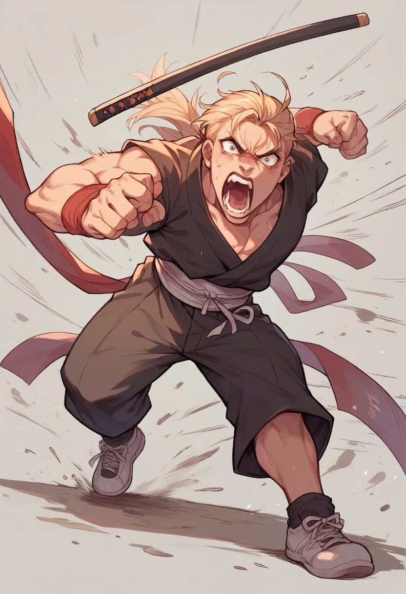 Martial arts fighter in attack stance screaming on battlefield