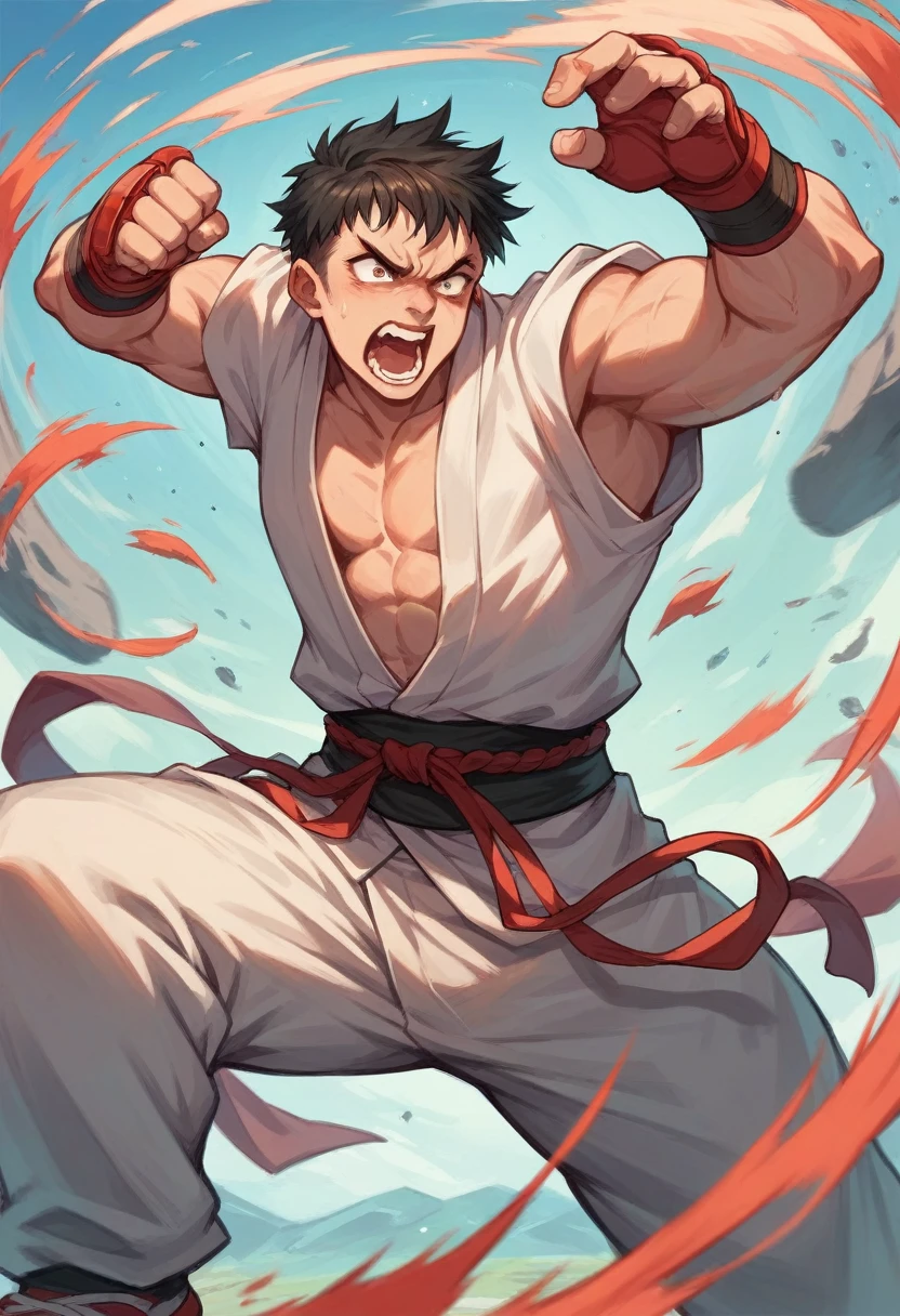Martial arts fighter in attack stance screaming on battlefield