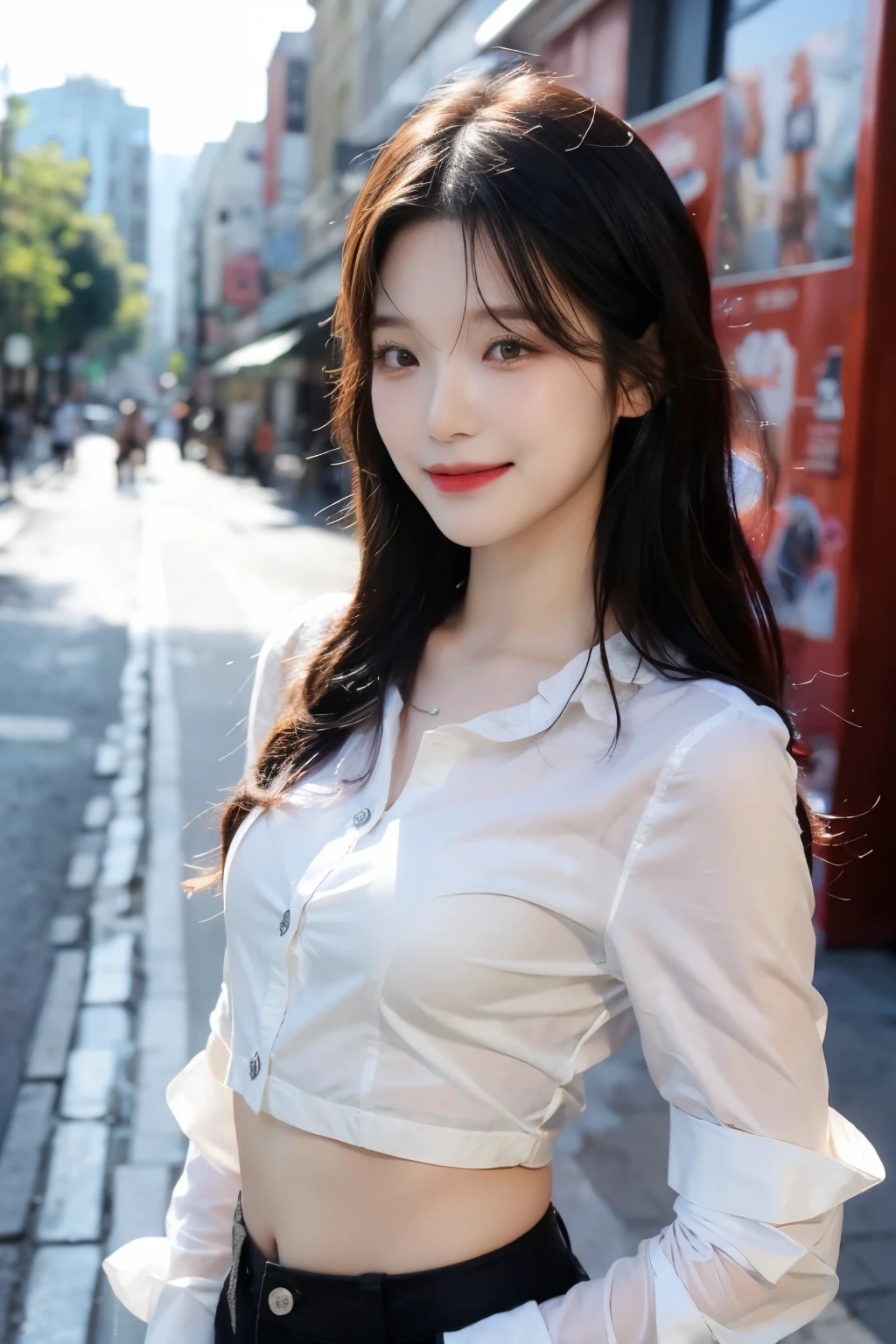 ((Best quality, 8k, Masterpiece: 1.3)), Sharp focus: 1.2, A beautiful girl with perfect body: long hair, Slim abdomen: 1.2, ((layered haircuts, Small breasts: 1.2)),  (Thin, damp buttons，Up to shirt length: 1.1), (White shirt), (sunny, street), Highly detailed face and skin texture,  Detailed eyes, double eyelid, sexly, Conque, in the Seoul, smiling :0.8, Jiheon 