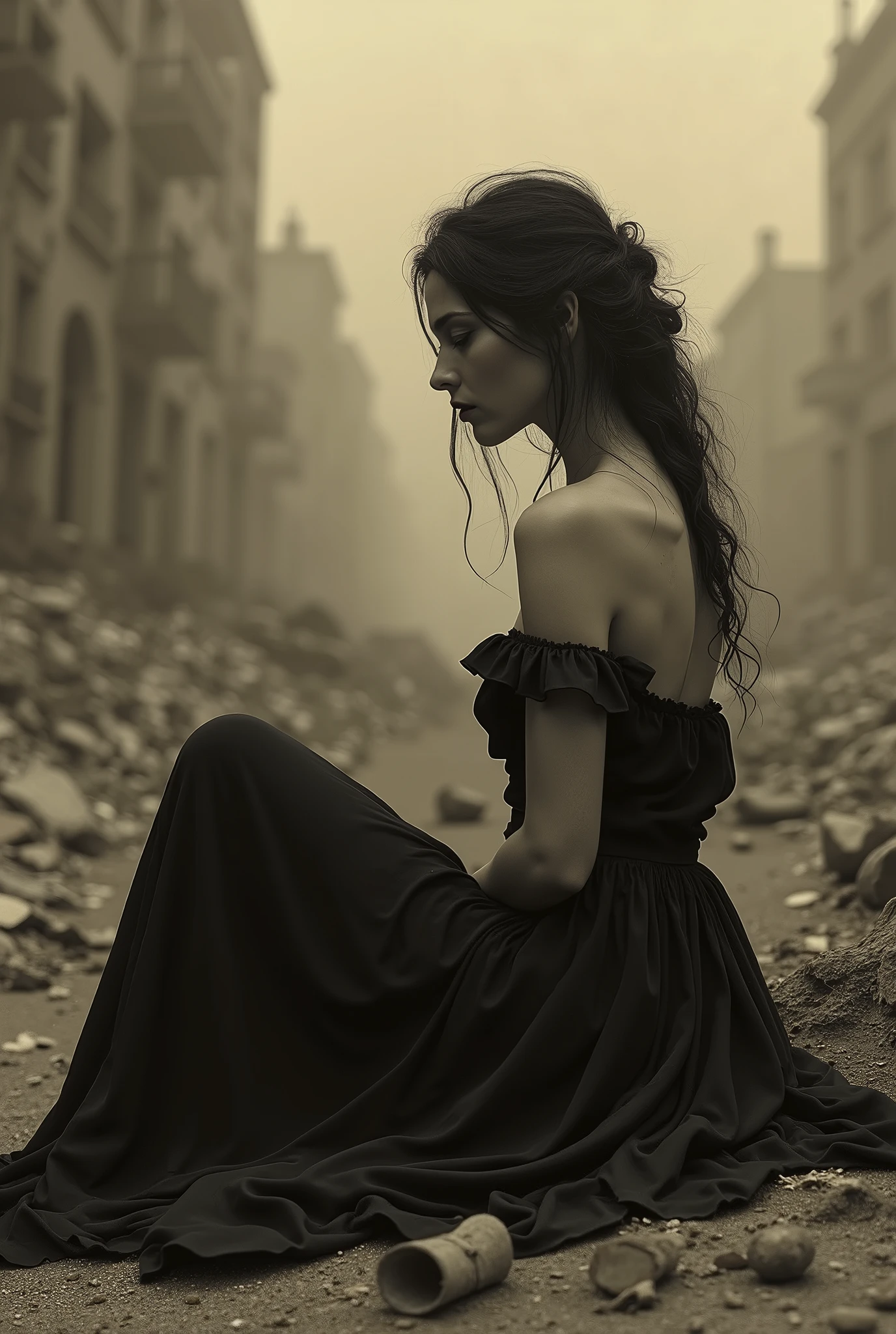 arafed woman sitting on the ground in a black dress, sepia photography, inspired by Luis Royo, sepia toned, sepia tone, sepia, in style of luis royo, sepia colors, fantasy photoshoot, style of luis royo, sepia tones, old sepia photography, sepia sunshine, in a post apocalyptic setting