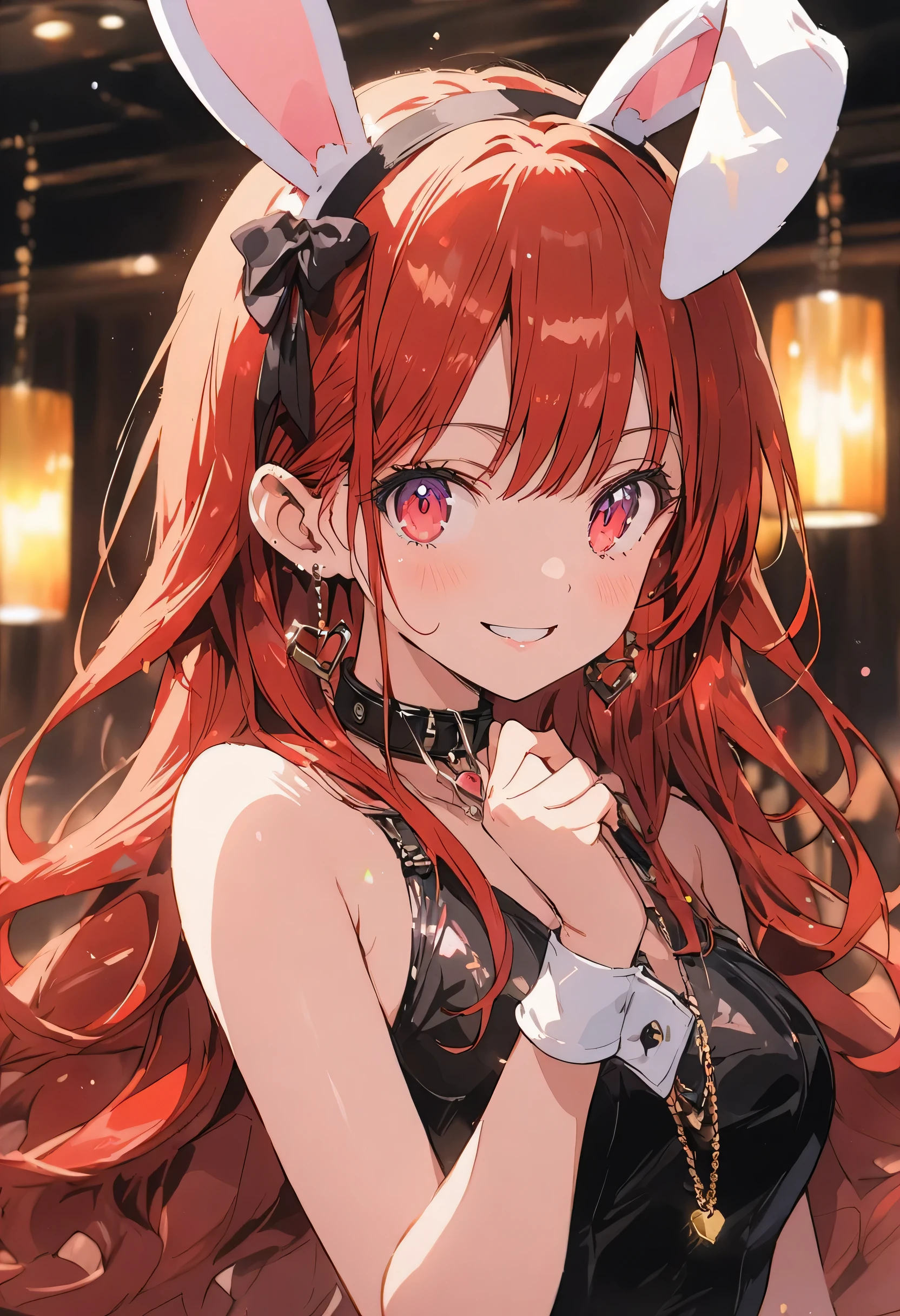 Bunny girl illustration. The character is wearing an attractive bunny girl outfit. The outfit features a black leotard, a rabbit ear headband, white cuffs and collar, and a small tail. She is posing confidently and smiling a little provocatively. The background has a chic and fashionable atmosphere, like a club or lounge, giving the scene an overall glamorous and sophisticated impression, cute girl, watercolor, clear, anime style illustration, cute illustration, beautiful detail, fain touch outline, best quality, top quality, ultra detailed, masterpiece, beautiful detail