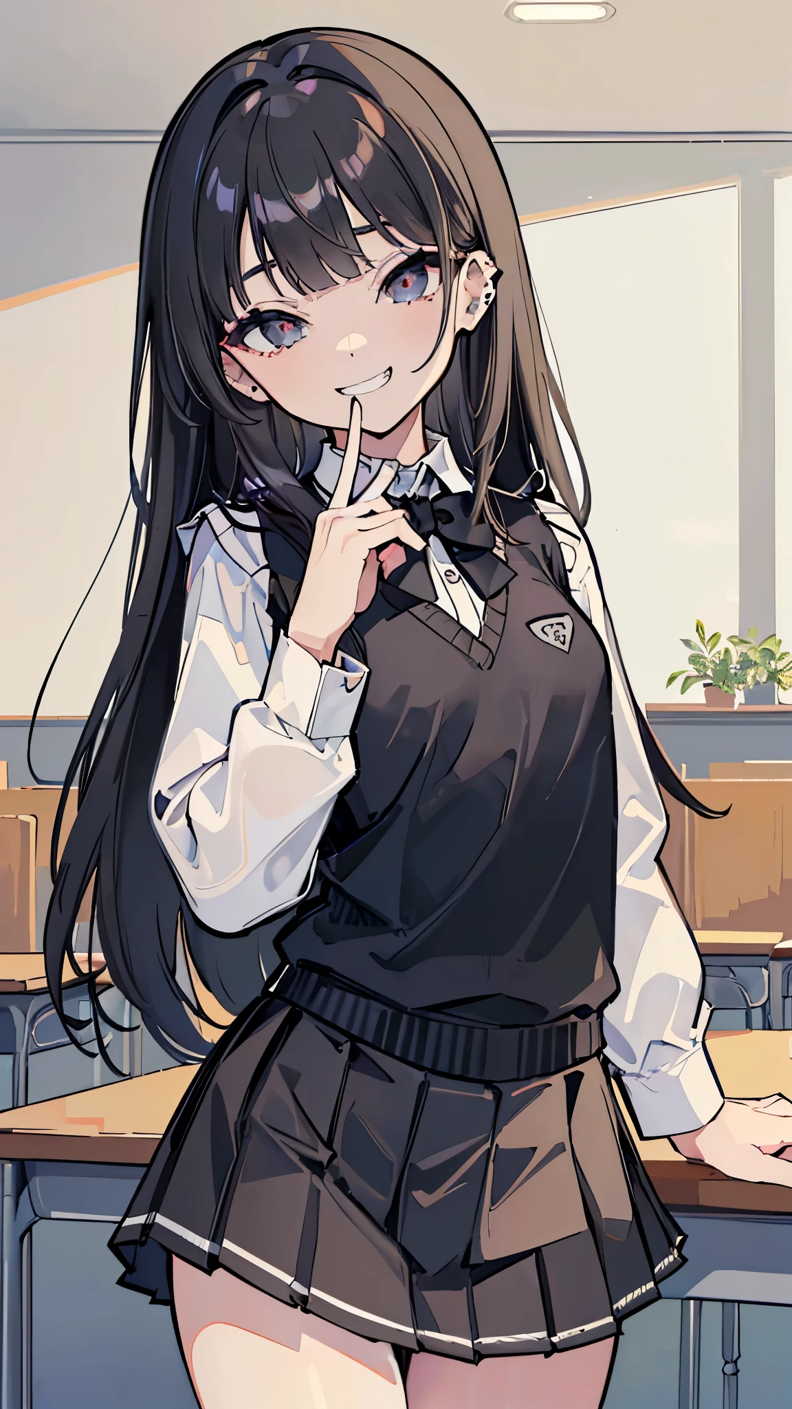 ((masterpiece、Highest quality、Very detailed))、One person、Black Hair、Long Hair、Wavy Hair、blunt bangs、Grey Eyes、evil smile、((Grin))、((lots of piercing))、((Small breasts))、((White collared shirt))、A bow tie、((gray sweater vest))、((Black pleated skirt))、((micro miniskirt))、Cowboy Shot、Classroom Background