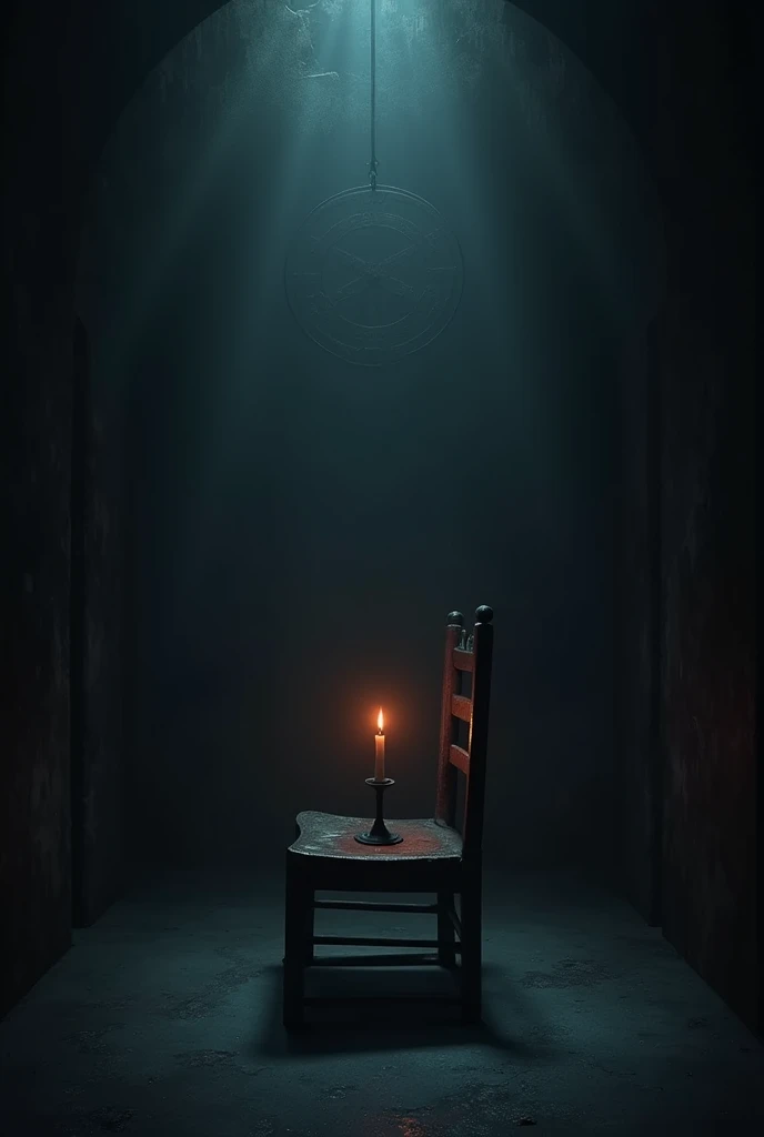 In the darkness of the night, in a ??????? chamber, absolute darkness, deep shading, low tune, cold light, 1 lit candle  illuminates a chair