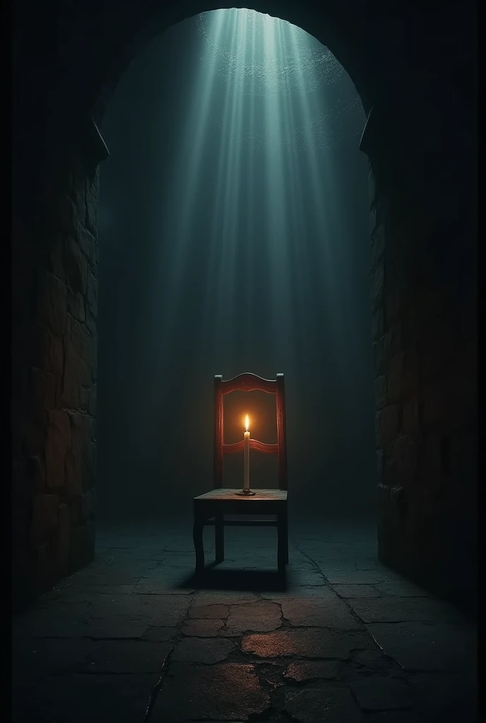 In the darkness of the night, in a torture chamber, absolute darkness, deep shading, low tune, cold light, 1 lit candle illuminates a chair