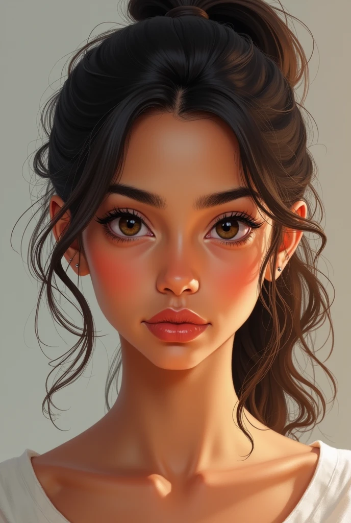Create a close-up illustration of a beautiful 18 year-old South Asian girl brown colour girl . She has small eyes and carefully styled her hair into a neat ponytail. The image should capture her looking straight at the viewer with a hint of curiosity and determination in her eyes.