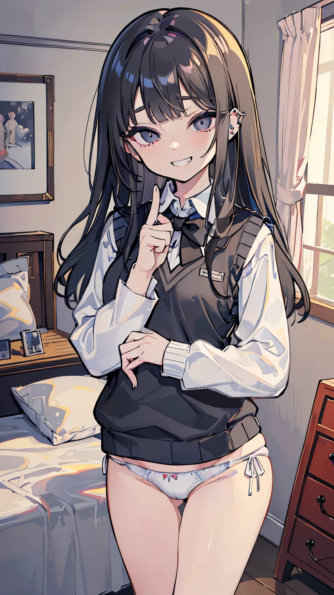 ((masterpiece、Highest quality、Very detailed))、One person、Black Hair、Long Hair、Wavy Hair、blunt bangs、Grey Eyes、evil smile、((Grin))、((lots of piercing))、((Small breasts))、((White collared shirt))、A bow tie、((gray sweater vest))、((white panties))、((Pretend))、((Turning your butt off))、Cowboy Shot、Shoot from behind、Bedroom Background
