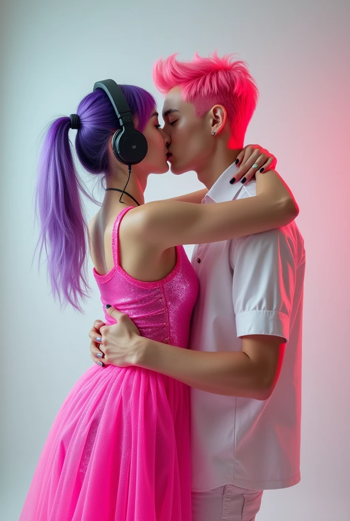Korean purple hair butterfly woman with headphones and neon pink glitter dress hugging and young man with pink hair friends white man friends photo that shows friendship and talks about country make a music video cover white man white ethnicity man