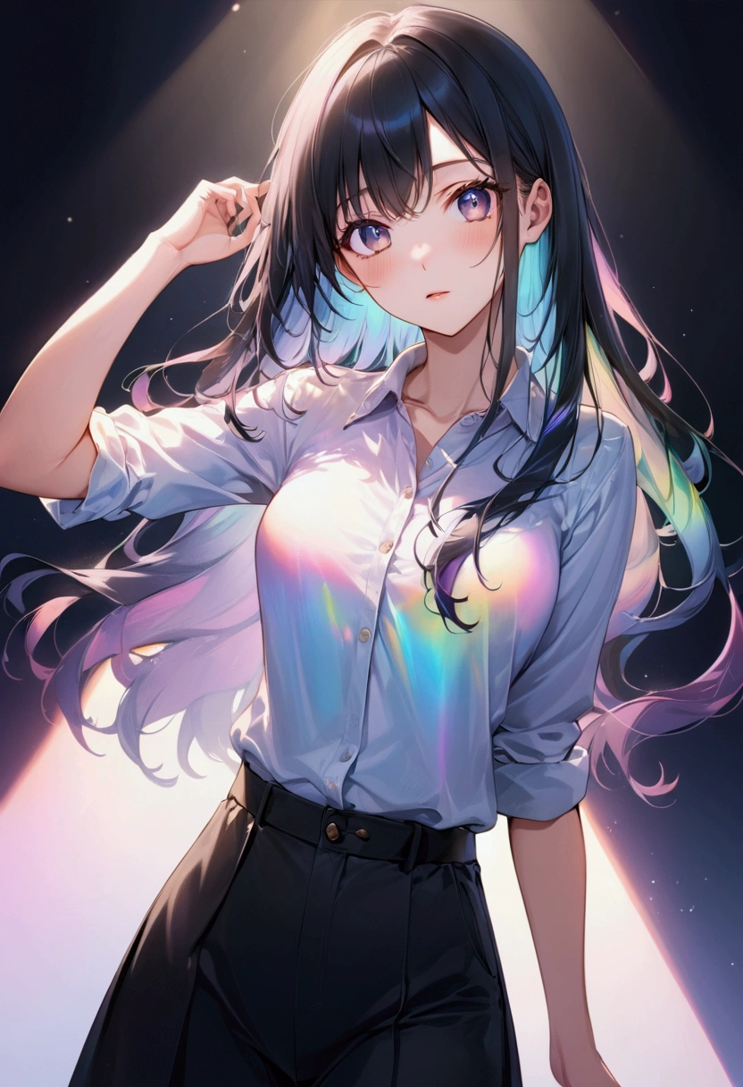 Adult anime girl in with long straight dark iridescent hair,dark iridescent eyes,casual wear,8k, best quality, professional photo