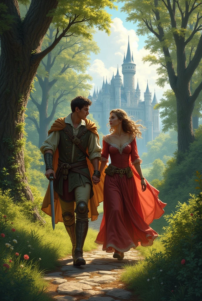 Medieval princess and prince running away
