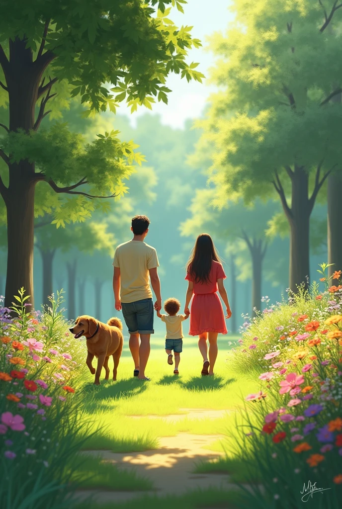 
Illustration: The family and pets walking in a beautiful garden with green grass and flowers.]