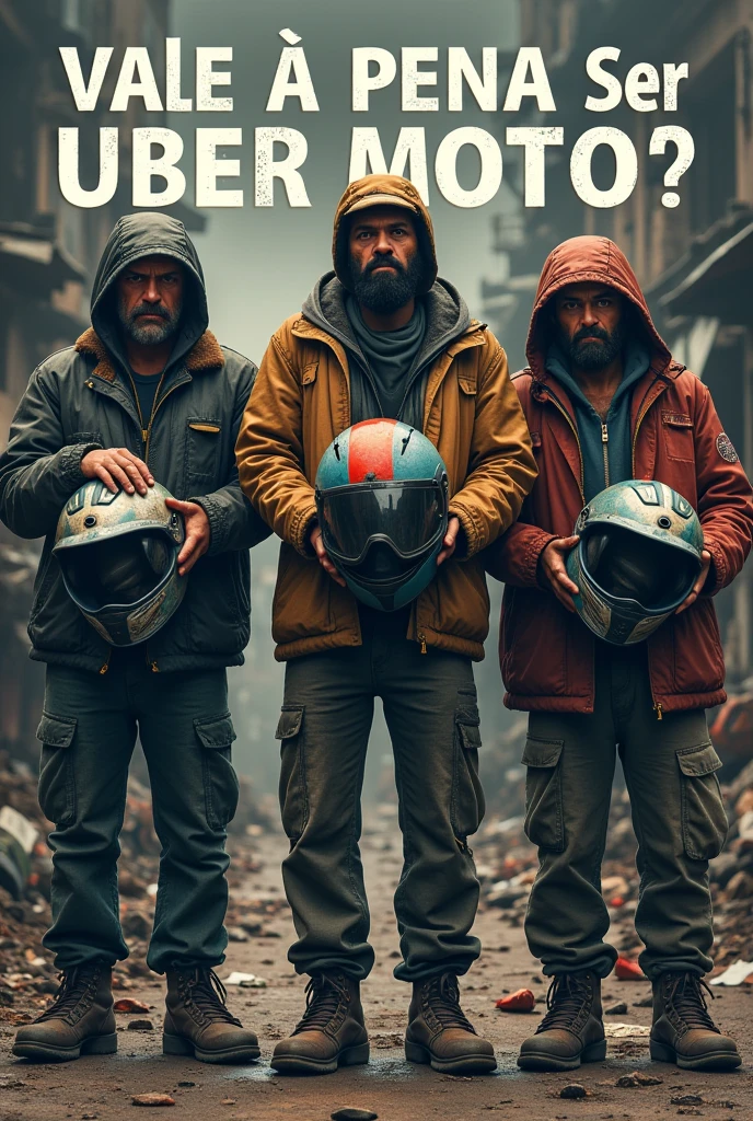 "Create a striking thumbnail with the text 'Vale a Pena Ser Uber Moto?' in bold, eye-catching letters. The thumbnail should feature three motorcyclists with torn, shabby clothing, standing in the middle of a dirty, trash-filled environment. Each of them is holding their helmet in hand, using it to beg for money, and their facial expressions should be sad, with tears streaming down their faces. The overall scene should convey a sense of despair, making the thumbnail visually arresting and attention-grabbing."