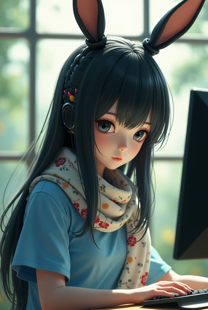 Black medium long hair with black rabbit ears and black eyes, A beautiful robot girl in a blue T-shirt with a floral scarf around her neck is looking at the computer near the big window