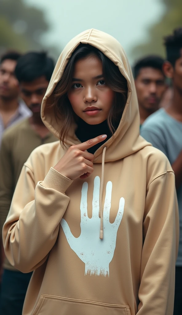 A hijaber indonesian pretty woman, wearing a cream hoodie with a strong vector design featuring a silhouetted image of a five-fingered palm in white colour with love. The phrase "ELENG LIMO WAKTU" is displayed in bold simple elegand, distressed typography with pastel colours, while holding her hoodie, wearing hijab, one-handed pose pointing upwards, in a public place, surrounded by many men, sexy, jav idol, with a frontal shooting angle, very realistic, (complex detail: 0.9), (hdr, hyperdetail: 1.2), RAW, Sony Alpha a9 II, 24-105mm f/4, HDR,