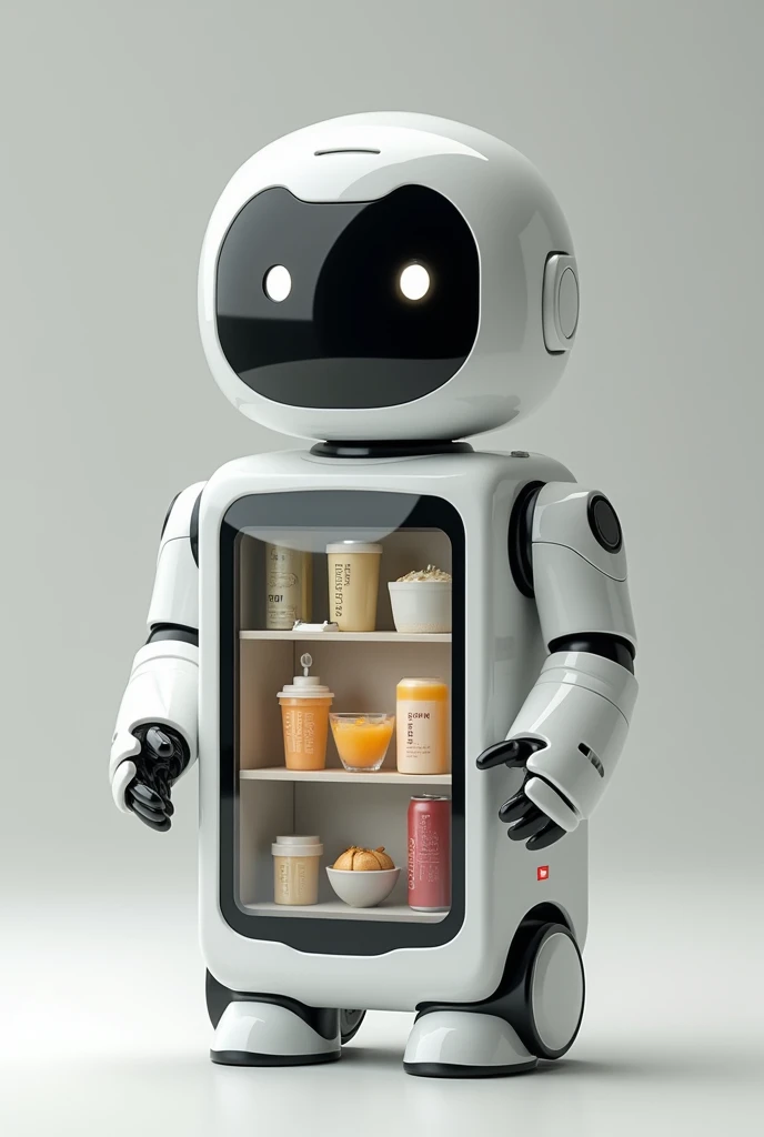 Cute and friendly Service robot have no legs nor arms that can put something inside its square body, tall and have transparent display . Mostly white colour. And slightly black
