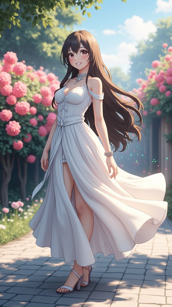(masterpiece、Highest quality、8k、High resolution)、(One female、Beautiful Face、Beautiful eyes、Beautiful lips、Beautiful nose)、smile、The white upper teeth are faintly visible、Brown-black hair、(The best girl in anime)、garden、blue sky、Colorful flowers are blooming、Vibrant colors、Red roses are beautiful、(Body、whole bodyから神秘的な光の粒子、Colorful light particles、A mysterious light glowing around the head)、melt、jewelry、necklace、dress、(whole body)、Highly detailed anime art、A complete portrayal、