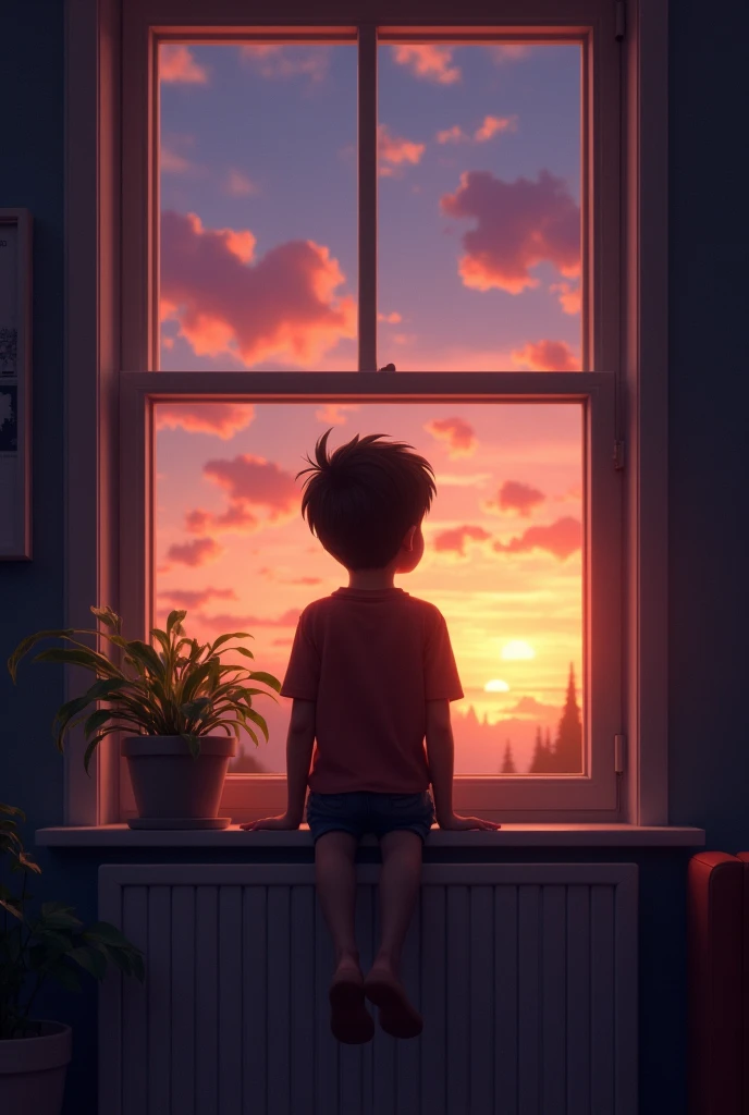 A 12 year old boy sit in the wall and the background is sunset
Add a room and he will sit at window 
Add a realistic sunset
The legs are down from windows 