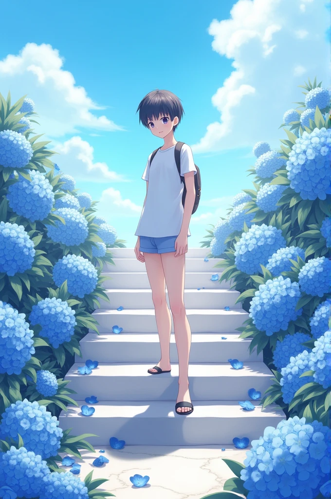 The image is a digital illustration of an anime-style character wearing a white shirt and shorts, standing on a staircase with blue flowers in the background.
