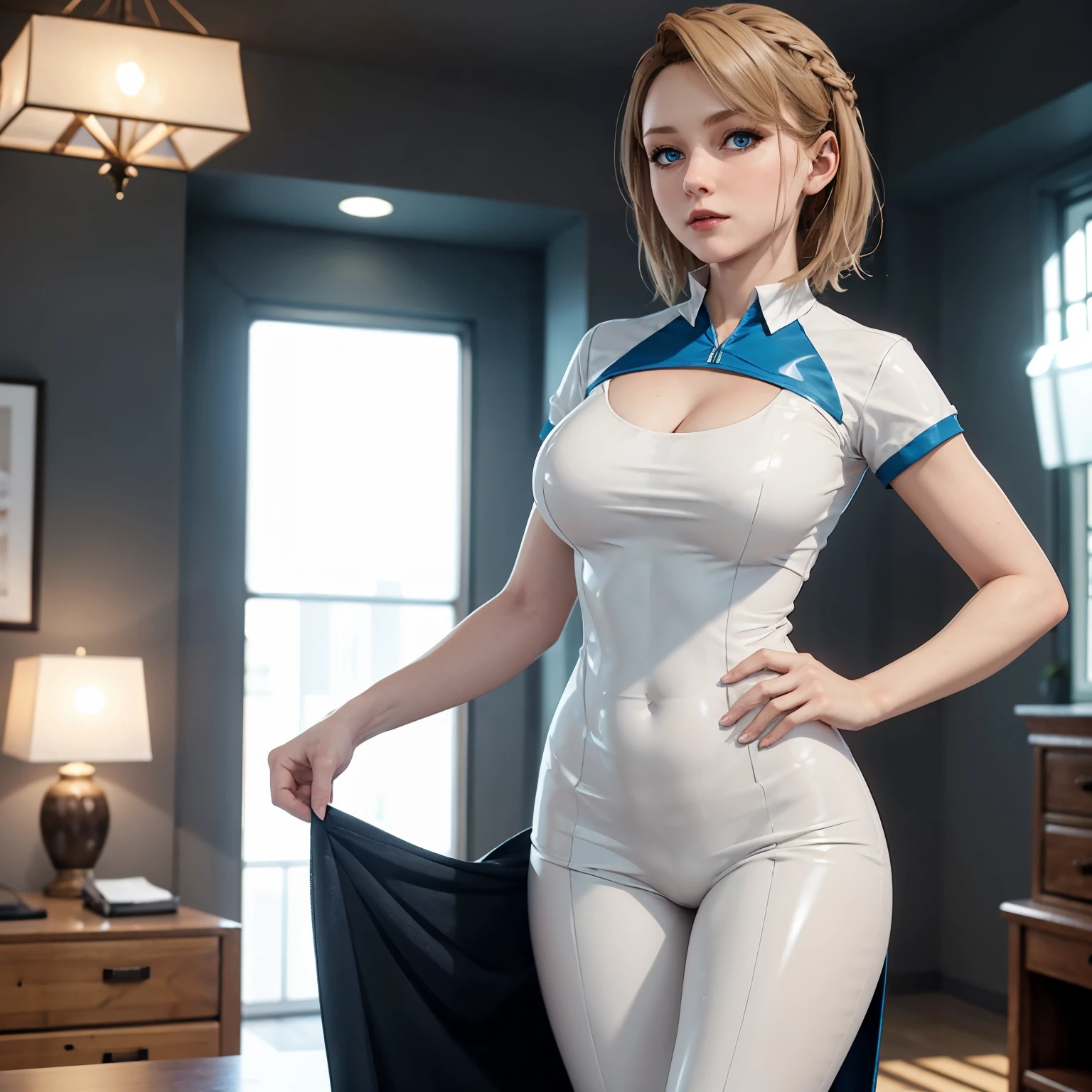 Kara in her ::domestic outfit, using white latex, perfect body, thin waist, wide hips, sexy pose, blond hair, blue eyes, kara detroid become human