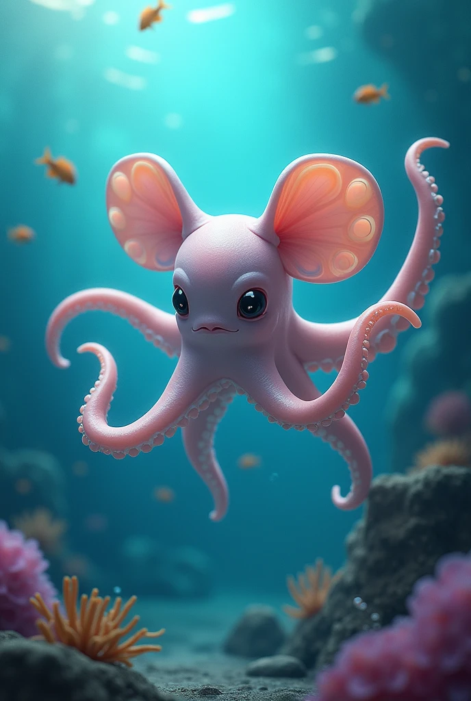 Create a 16:9 image of a dumbo octopus. Make it vibrant and appealing as a youtube thumbnail and also make it realistic