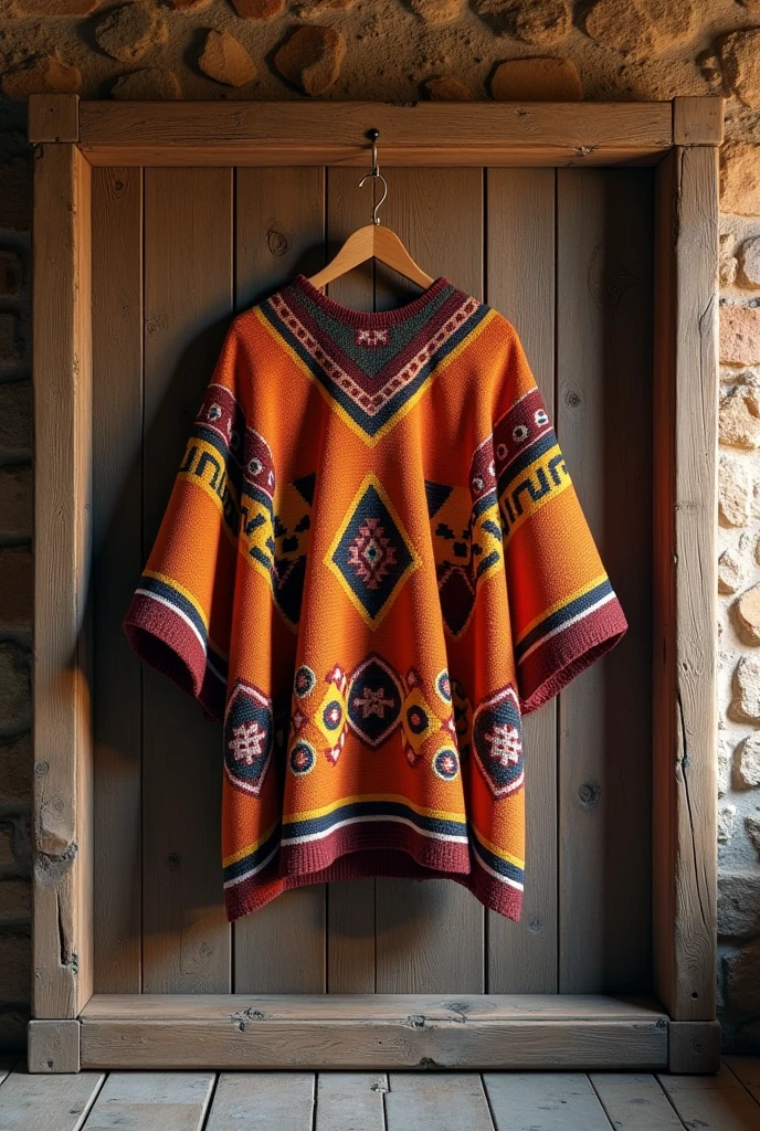 A wooden frame with a chapaco poncho