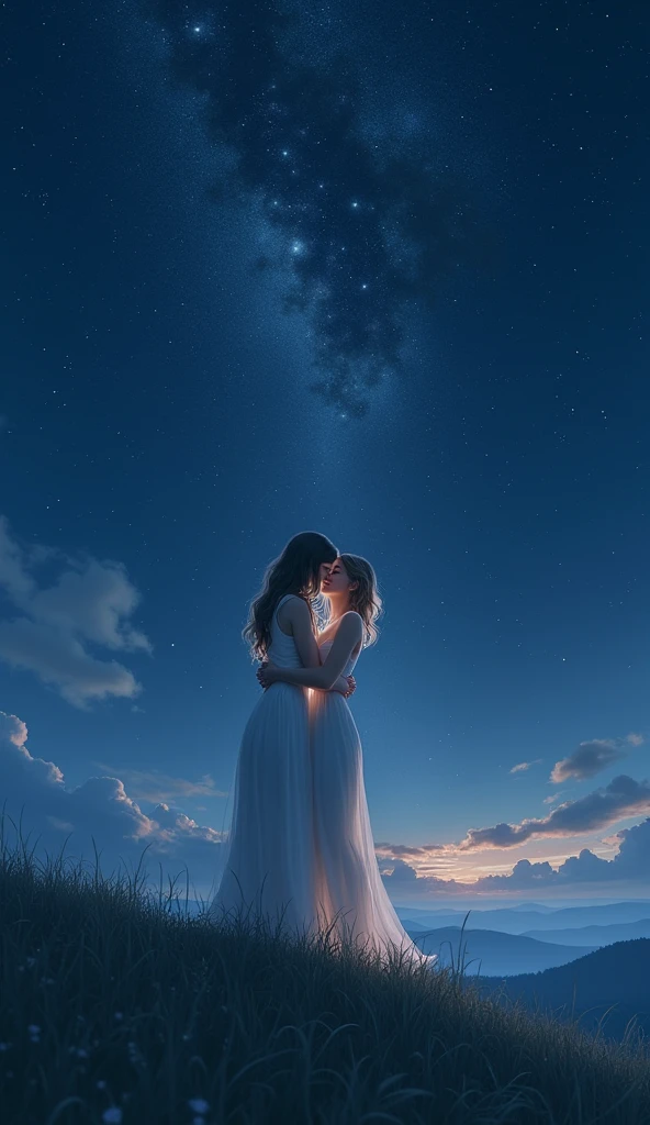 (Starry sky), on top of a hill, two women kissing, Pale, shining stars