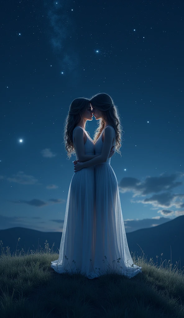 (Starry sky), on top of a hill, two women kissing, Pale, shining stars