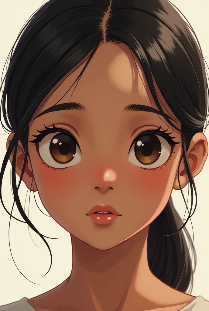 Create a close-up illustration of a beautiful 13 year-old South Asian girl brown colour girl . She has small eyes and carefully styled her hair into a neat ponytail. The image should capture her looking straight at the viewer with a hint of curiosity and determination in her eyes.