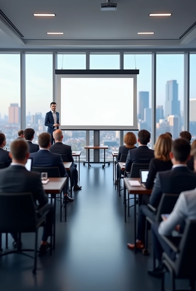 A picture showing new employees going through induction training in a large room with a big screen written induction training

