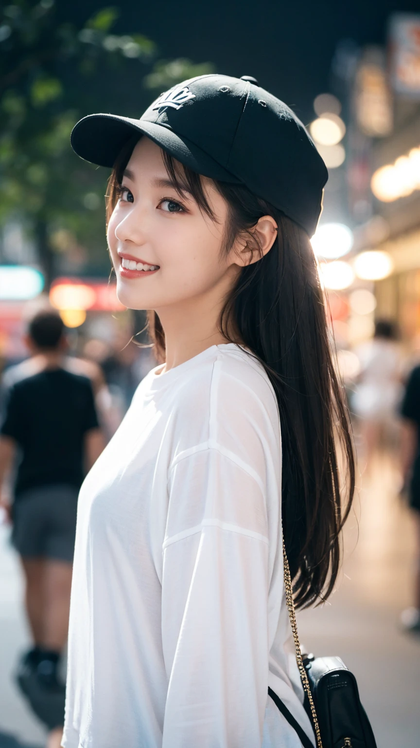 masterpiece, Highest quality, Highest quality, beautiful girl, Cute Face, 8k, Official Art, RAW Photos, When going out in the city during the hot season, please wear cool clothes., profile, Sports Cap, , Face Light, Film Grain, chromatic aberration, Sharp focus, Very happy smile, Show me your little teeth, Dynamic Lighting, Cinema Lighting, Photo of your face, Upward glance