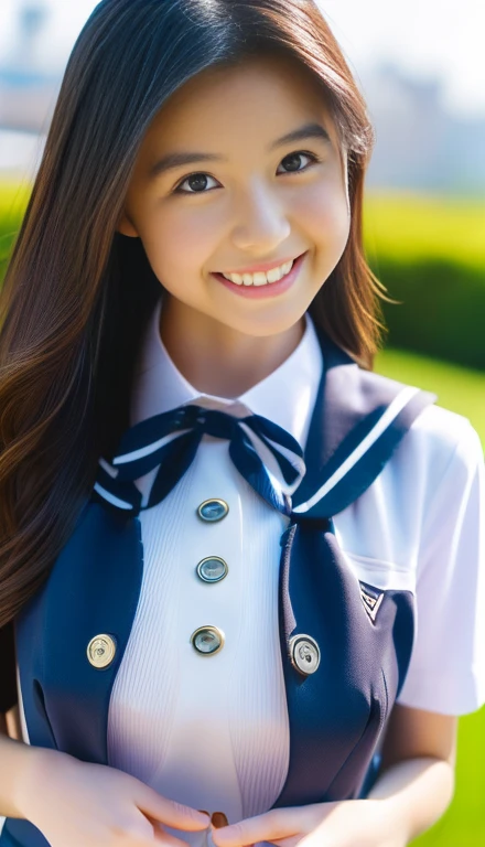 ((((masterpiece, Highest quality, High resolution)))), Extremely detailed 8K, スリムな体を持つsexyな美しい18歳の女性, (Ultra HD, Very detailed, Composition above the knees,Very detailed, Very realistic, Ultra-realistic, Photo Real),{ Deep writing depth, (Godley:1.2), (bounce front lighting:1.1), (Soft and diffuse lighting:1.6) } (One person:1.5), long wavy brown hair, (ダイナミックなsexyなポーズ), (Very delicate and natural hair:1.3), To the camera, A light smile, (Large and firm breasts: 1.2), (Very delicate and natural face, Very delicate and natural eyes:1.3),(Very delicate and natural clothing:1.2),(Wearing school uniform, Chest button not fastened, The chest area of the uniform is wide open, I can see your chest:1.6) (Pink nipples sticking out:1.3), Shine, Very sweaty, (Light of the sun, sunlight), sexyな長い脚,sexy, blush, (Ultra-realisticな広大な風景, photogenic scenery:1.1), A big, modern and luxurious city, coastal, Very windy day, Hair blowing in the wind
