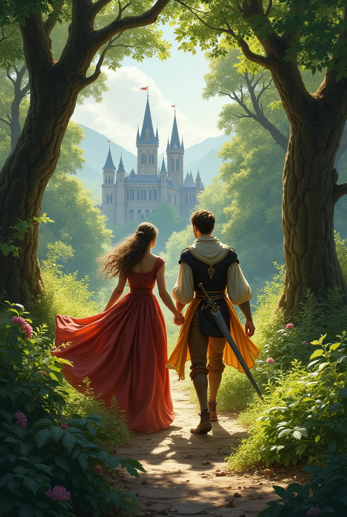 Medieval princess and prince running away