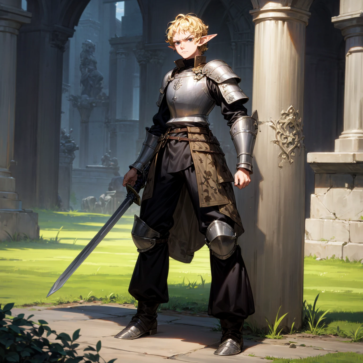 Solo character, man, tall height, full body version, white eyes, white colour hair, long curly haircut, soldier clothing, heavy armored, belt, boots, outdoor, town, park, medieval, afternoon, standing gesture, detailed clothing, detailed hair, detailed background, open mouth, angry, (Hunter x Hunter style art), sword in hand