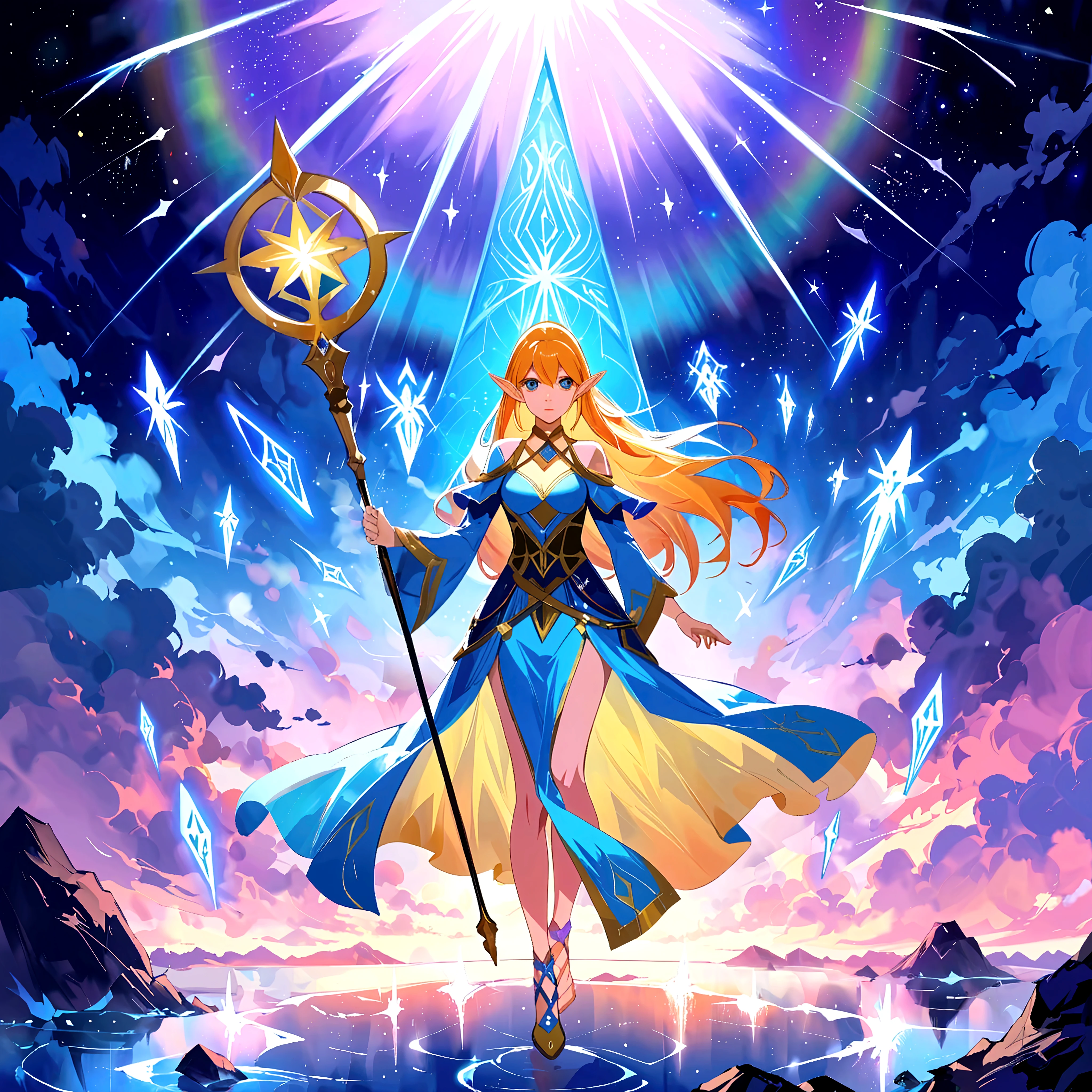 ethereal fantasy concept art of a brave elf dnd wizardess . magnificent, celestial, ethereal, painterly, epic, majestic, magical, fantasy art, cover art, dreamy, full body shot, staff in right hand, surrounded by runes of light, dynamic pose