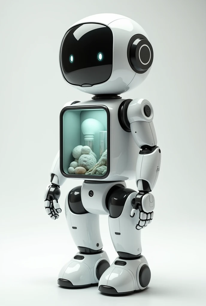 Cute and friendly Service robot have no legs nor arms that can put something inside its square body, tall and have transparent display . Mostly white colour. And slightly black
