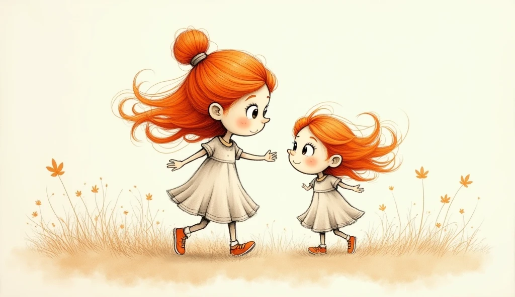 A pencil sketch drawing colourful of a mother and daughter with orange coloured hair .mother have hair bun tie up hair . and daughter have open hair blowing with wind playing in the fields with background  with fast air blowing daughter hair. Both have big facial features , big eyes and big face .skin color is light skin .
Cartoonic image pencil sketches .not too much detailed rough image .and create it a first page of the book add toand from options in image lighting should be light. Not bright