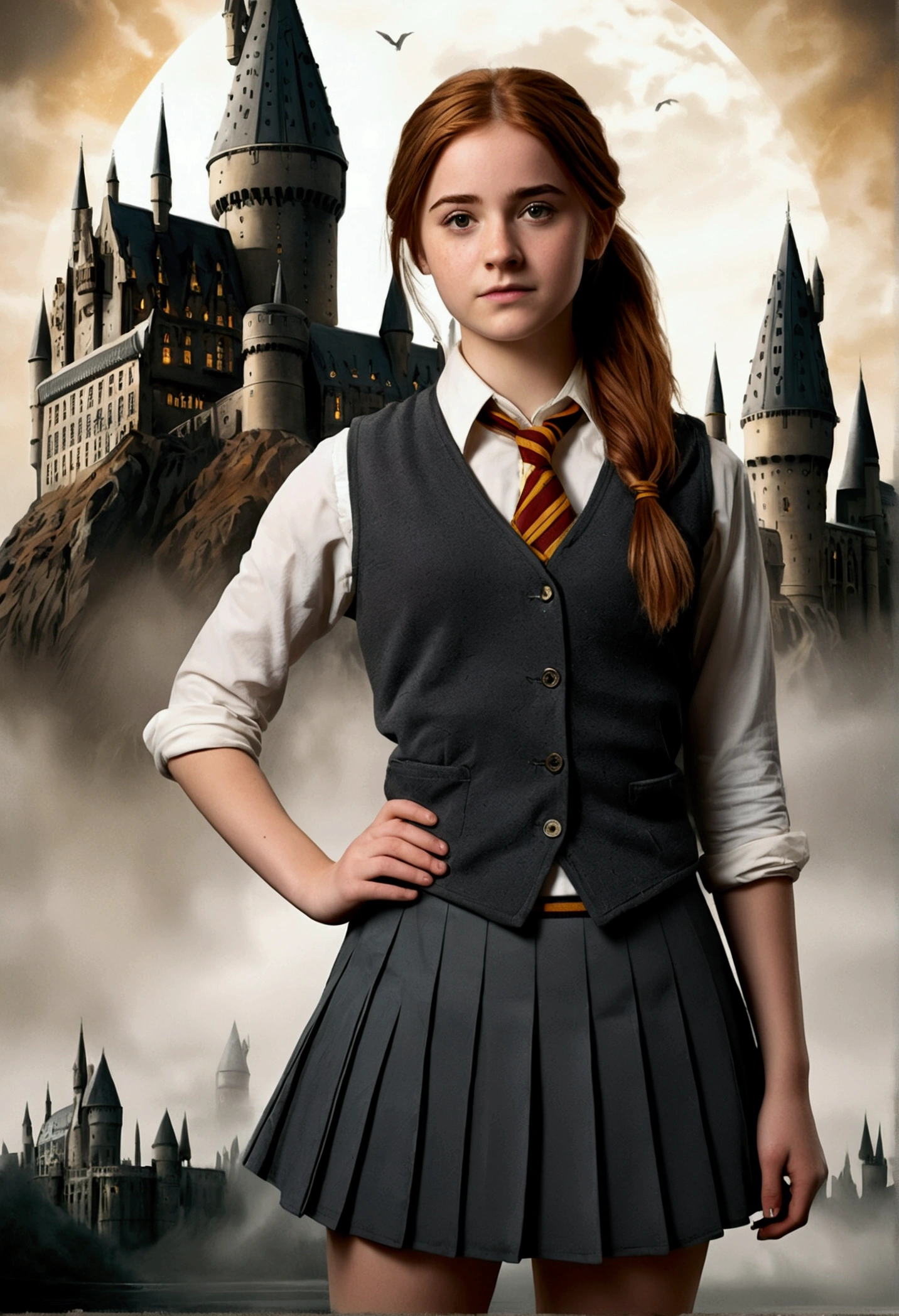 An illustrated movie poster, hand-drawn, full color, a female Hogwarts student, 18 years old, wearing a charcoal vest and a pleated skirt, tall, toned, amazonian stature, athletic hourglass figure, full wide hips, massive round butt, long shapely legs, ridiculously thick powerful thighs, auburn hair, messy ponytail, flushed sun-kissed complexion, freckles, resembkes Natalie Dyer, standing in front of Hogwarts Castle, surrounded by mist, graphite shading, stencil marks, airbrushed acrylic paint, masterpiece, in the Deathly Hallows