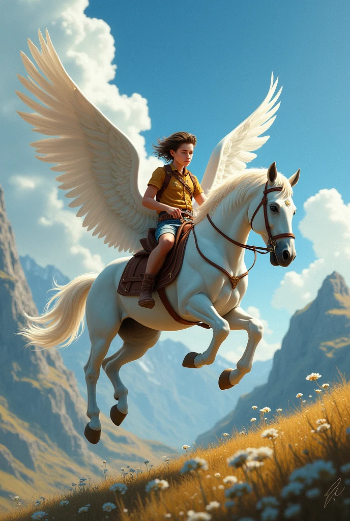 A beautiful horse with long wings , 3 kids were sitting on its back. Meg girl with curly hairs and glasses , thin tall
boy and little charles welqlace .