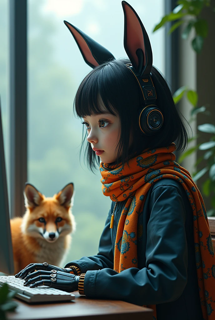 Black medium long hair with black rabbit ears and black eyes, ustida moviy fudbolka boynida gulli rang barang sharf chiroyli robot qiz computer qarab Katta deraza yonida otiribti yonida toqqiz dumli Tulki bor