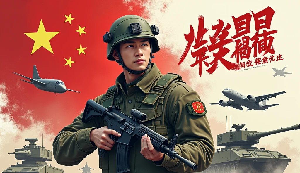 (背景是透明的)(图中有一个完整的,该地图是红色的,左边是五星红旗) (一个身穿迷彩服军装的动漫大头帅气中国人手持AK47冲锋枪)(主题是"若有战,召必回!",字体必须苍劲有力)(整个画面看起来非常有爱怀)(整幅画面有高科技含量,后面全是高科技飞机大炮,非常夸张)