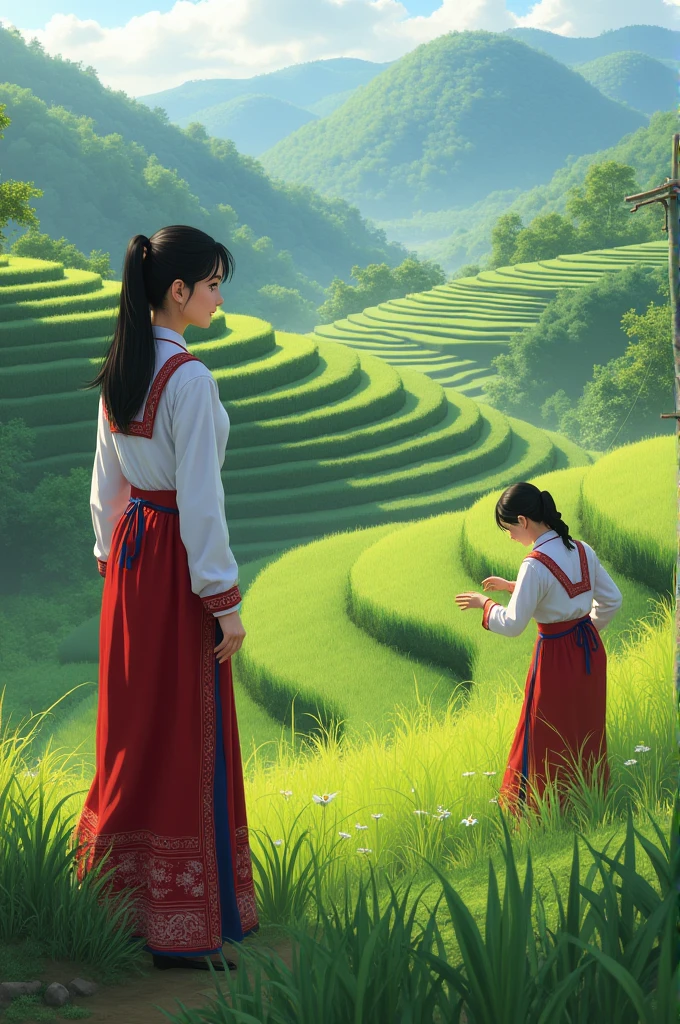 Two women in traditional clothing in the field,One is looking at the terraces with curiosity,and the other one is working nearby