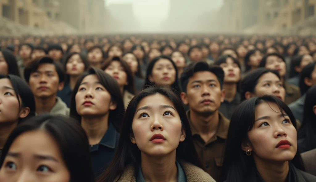 A large crowd of korean people looking up in unison, with serious and astonished expressions on their faces. The scene is depicted in a realistic cinematic style with soft shadows and low contrast lighting. The background is blurred and abstract of a ruin city, ensuring the focus remains on the individuals' faces and postures. The atmosphere is intense and contemplative, capturing the collective emotion of the crowd, hazy, heat, sandy, dust
