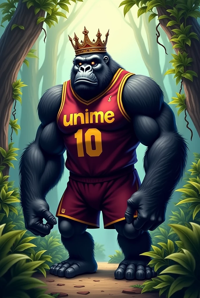 gorilla with crown and basketball jersey number 10, burgundy uniform and name "UNIME" with jungle background